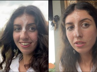 Прогулка со спермой на лице в кафе девушка ест пиццу и глотает сперму